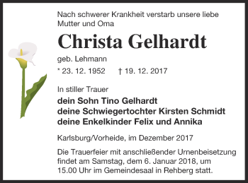 Traueranzeige von Christa Gelhardt von Vorpommern Kurier