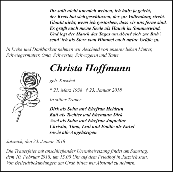 Traueranzeige von Christa Hoffmann von Pasewalker Zeitung