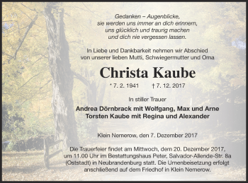 Traueranzeige von Christa Kaube von Neubrandenburger Zeitung