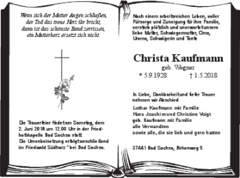 Traueranzeige von Christa Kaufmann von Prenzlauer Zeitung