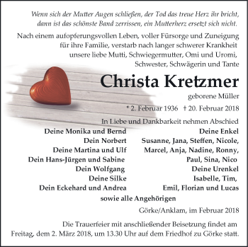 Traueranzeige von Christa Kretzmer von Vorpommern Kurier