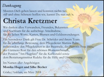 Traueranzeige von Christa Kretzmer von Vorpommern Kurier