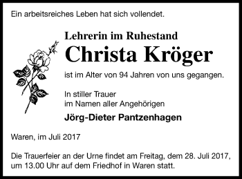 Traueranzeige von Christa Kröger von Müritz-Zeitung