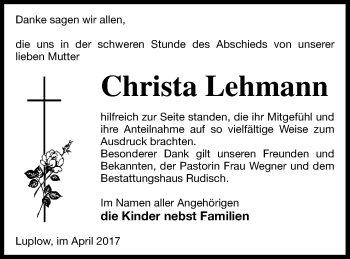 Traueranzeige von Christa Lehmann von Neubrandenburger Zeitung