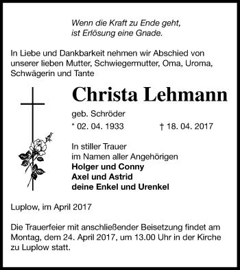 Traueranzeige von Christa Lehmann von Neubrandenburger Zeitung