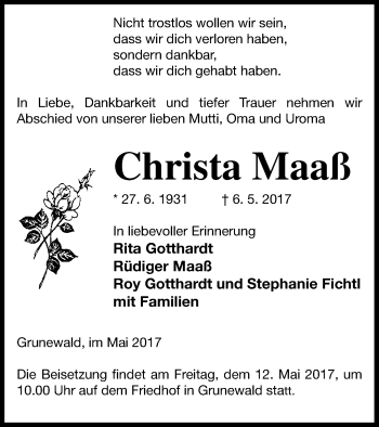 Traueranzeige von Christa Maaß von Templiner Zeitung