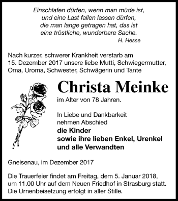 Traueranzeige von Christa Meinke von Pasewalker Zeitung