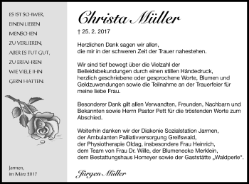Traueranzeige von Christa Müller von Vorpommern Kurier