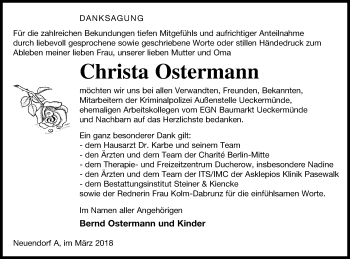 Traueranzeige von Christa Ostermann von Vorpommern Kurier