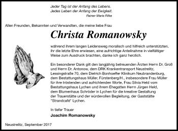 Traueranzeige von Christa Romanowsky von Strelitzer Zeitung