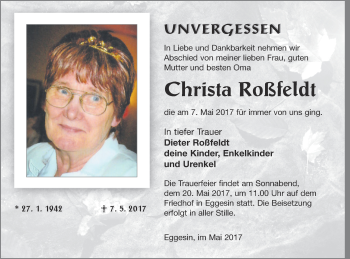 Traueranzeige von Christa Roßfeldt von Haff-Zeitung