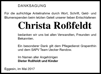 Traueranzeige von Christa Roßfeldt von Haff-Zeitung