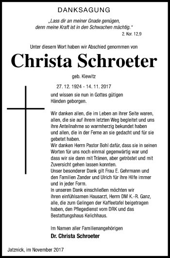 Traueranzeige von Christa Schroeter von Pasewalker Zeitung