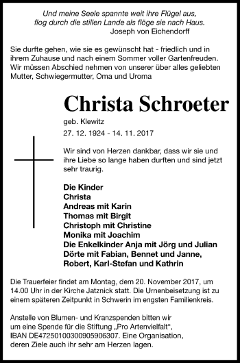 Traueranzeige von Christa Schroeter von Pasewalker Zeitung