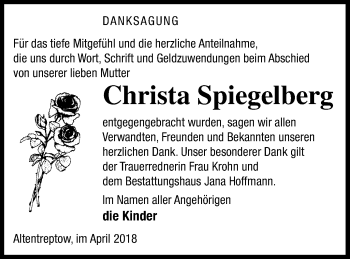 Traueranzeige von Christa Spiegelberg von Neubrandenburger Zeitung