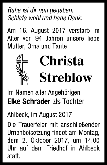 Traueranzeige von Christa Streblow von Haff-Zeitung