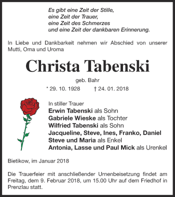 Traueranzeige von Christa Tabenski von Prenzlauer Zeitung