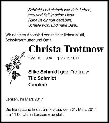 Traueranzeige von Christa Trottnow von Müritz-Zeitung