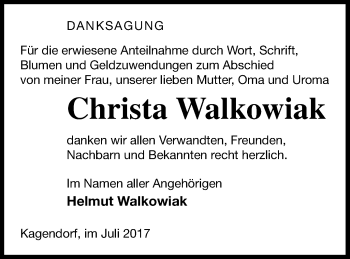 Traueranzeige von Christa Walkowiak von Vorpommern Kurier