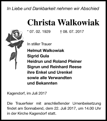 Traueranzeige von Christa Walkowiak von Vorpommern Kurier