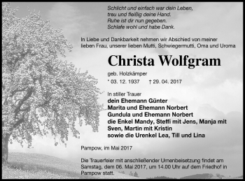 Traueranzeige von Christa Wolfgram von Pasewalker Zeitung