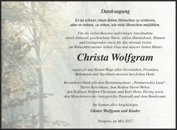 Traueranzeige von Christa Wolfgram von Pasewalker Zeitung