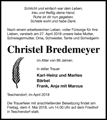 Traueranzeige von Christel Bredemeyer von Neubrandenburger Zeitung