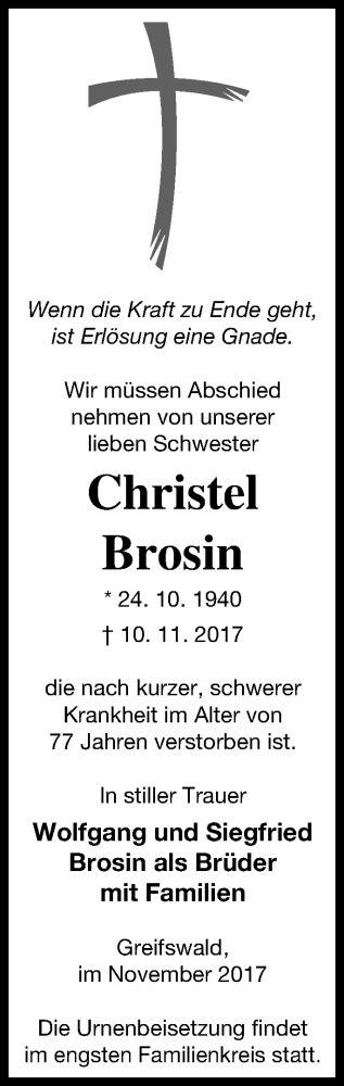 Traueranzeige von Christel Brosin von Neubrandenburger Zeitung