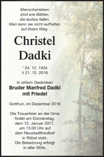 Traueranzeige von Christel Dadki von Müritz-Zeitung