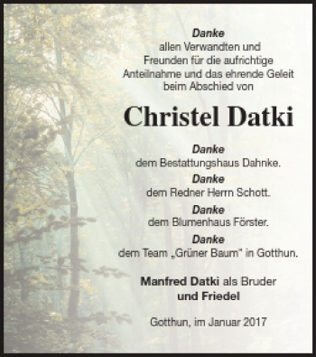 Traueranzeige von Christel Datki von Müritz-Zeitung