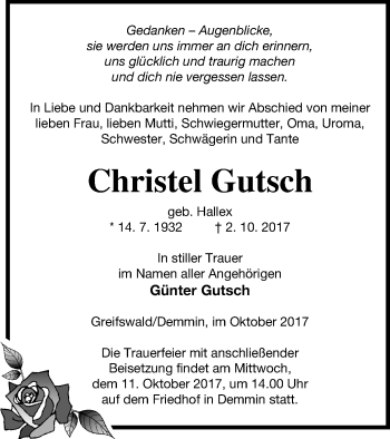 Traueranzeige von Christel Gutsch von Demminer Zeitung