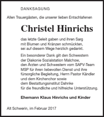 Traueranzeige von Christel Hinrichs von Müritz-Zeitung