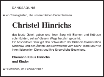 Traueranzeige von Christel Hinrichs von Müritz-Zeitung