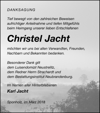 Traueranzeige von Christel Jacht von Neubrandenburger Zeitung