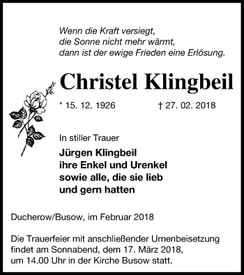 Traueranzeige von Christel Klingbeil von Vorpommern Kurier