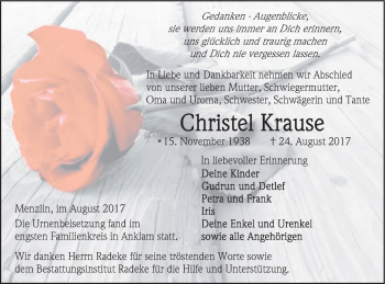 Traueranzeige von Christel Krause von Vorpommern Kurier