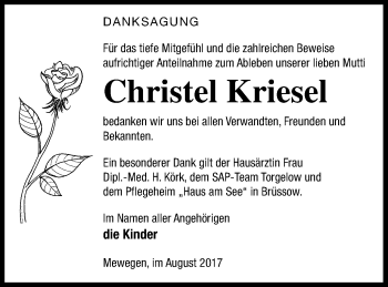 Traueranzeige von Christel Kriesel von Pasewalker Zeitung