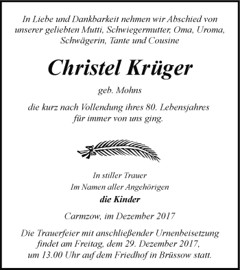 Traueranzeige von Christel Krüger von Prenzlauer Zeitung