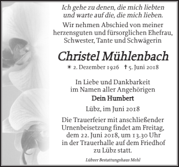 Traueranzeige von Christel Mühlenbach von Zeitung für Lübz - Goldberg - Plau