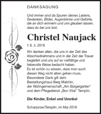 Traueranzeige von Christel Naujack von Mecklenburger Schweiz