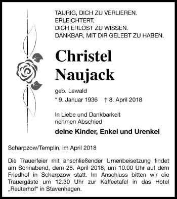 Traueranzeige von Christel Naujack von Mecklenburger Schweiz