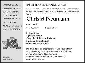 Traueranzeige von Christel Neumann von Pasewalker Zeitung