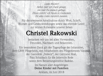 Traueranzeige von Christel Rakowski von Vorpommern Kurier