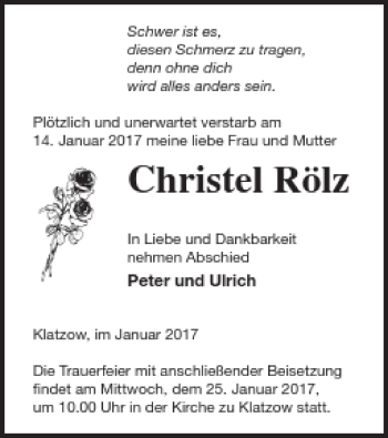 Traueranzeige von Christel Rölz von Neubrandenburger Zeitung