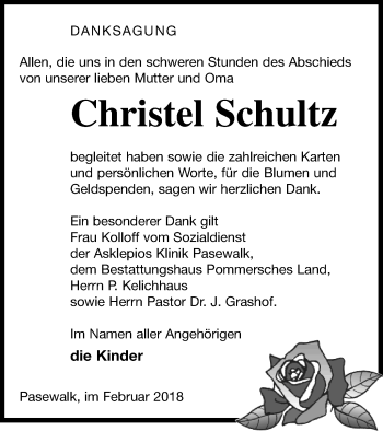 Traueranzeige von Christel Schultz von Pasewalker Zeitung