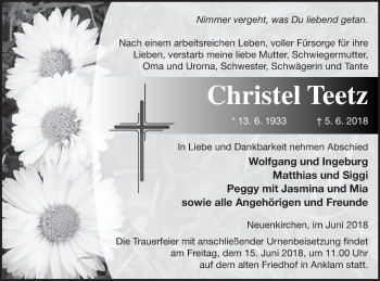 Traueranzeige von Christel Teetz von Vorpommern Kurier