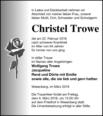 Traueranzeige von Christel Trowe von Strelitzer Zeitung