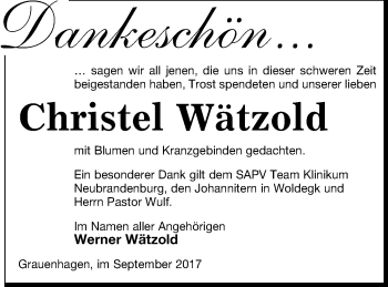 Traueranzeige von Christel Wätzold von Strelitzer Zeitung