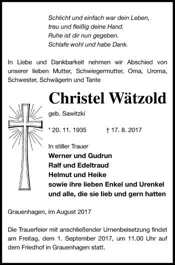 Traueranzeige von Christel Wätzold von Strelitzer Zeitung