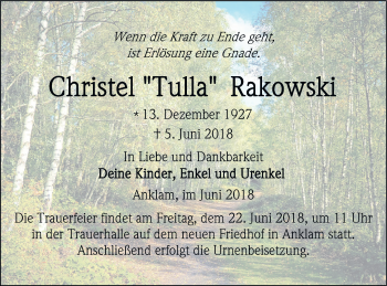 Traueranzeige von Christel Tulla Rakowski von Vorpommern Kurier